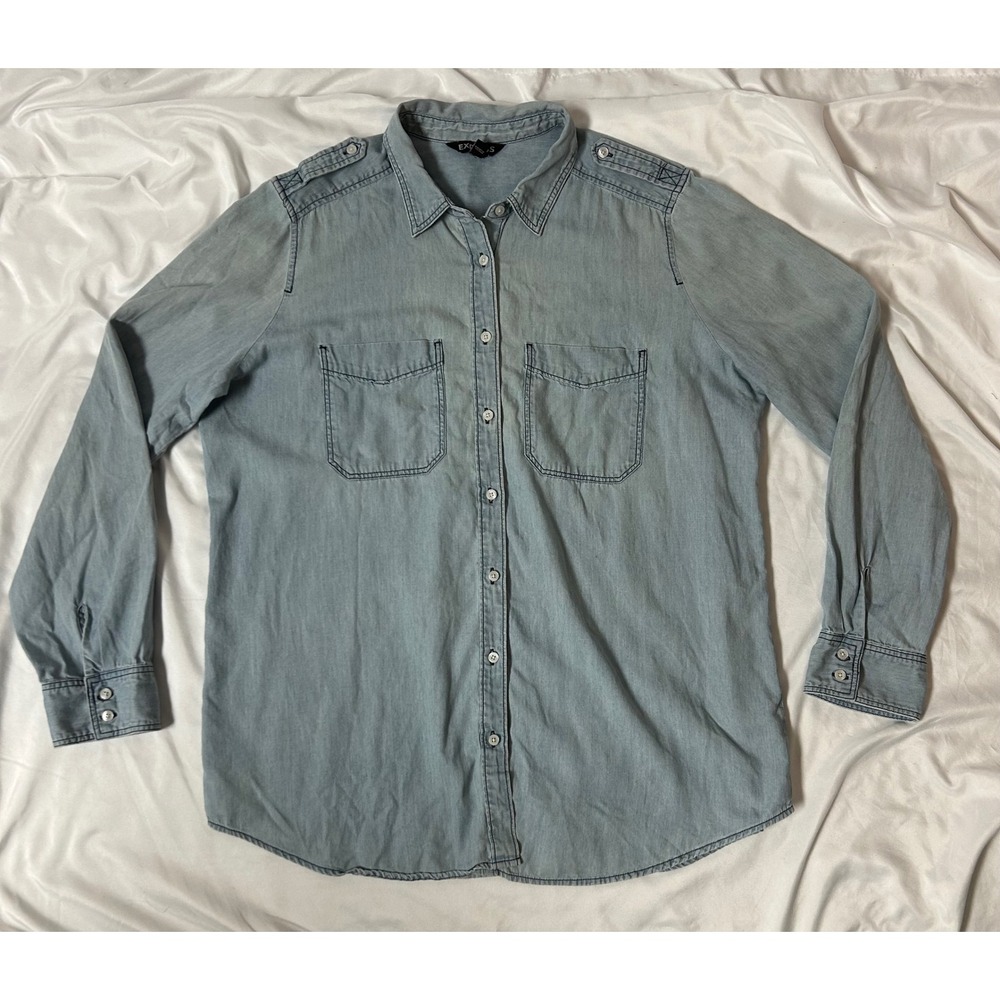 Express Light Wash Chambray Button Up Shirt Denim Cotton Lyocell Blend Womens L